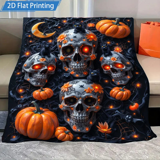 1pc Flannel Blanket Halloween Skull Pumpkin Blanket - Spooky Gothic Style Cozy Throw