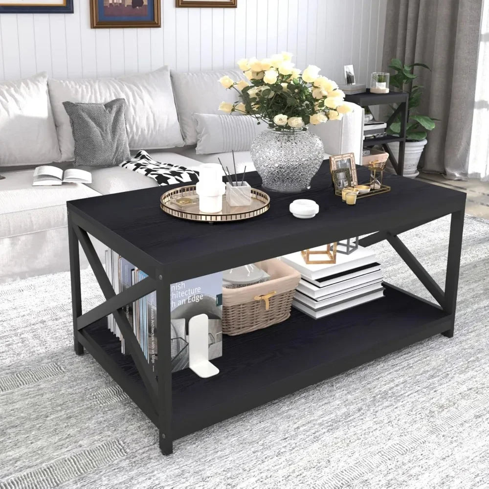 Bigbiglife Living Room Coffee Table Set of 3, Industrial X-Design Coffee Table and 2 End Side Tables,