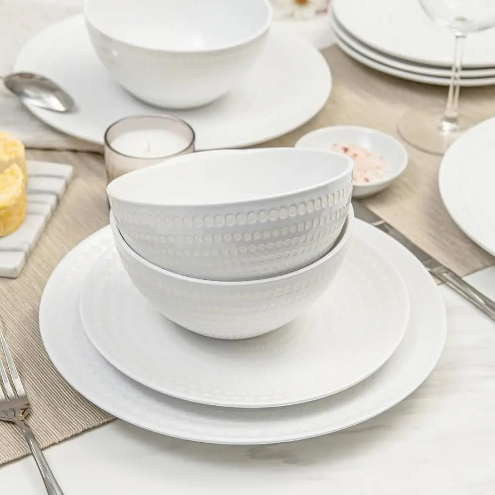 Ceramic Dinnerware Set Serive For 4 (12 Pieces), Stoneware Plates And Bowls For Dining Pearl White Dishes Set With Dotdot