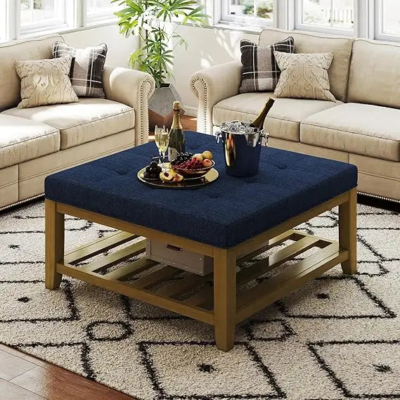 Large Square Ottoman Coffee Table, Linen Solid Upholstered Footrest Ottoman with Solid Wood Shelf Storage Tufted Coffee Table fo