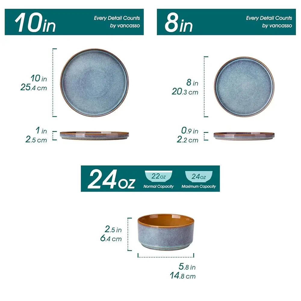 Onion Ceramic Plates And Bowls Sets, 12 Pieces Blue Dinnerware Sets For Kitchen, Reactive Glaze Dishes Set For 4, Dishwasher