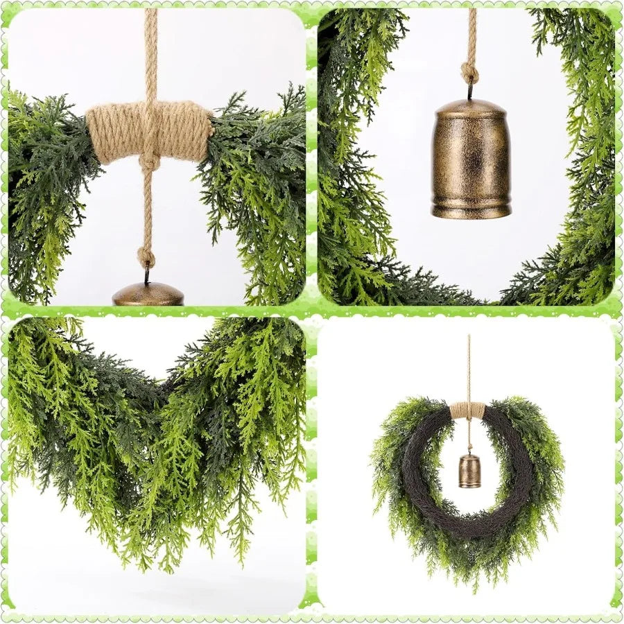 Real Touch Artificial Cedar Wreath 20 with Bell for Front Door Indoor Outdoor Christmas Decorations Faux Pine Greenery Heart Wr