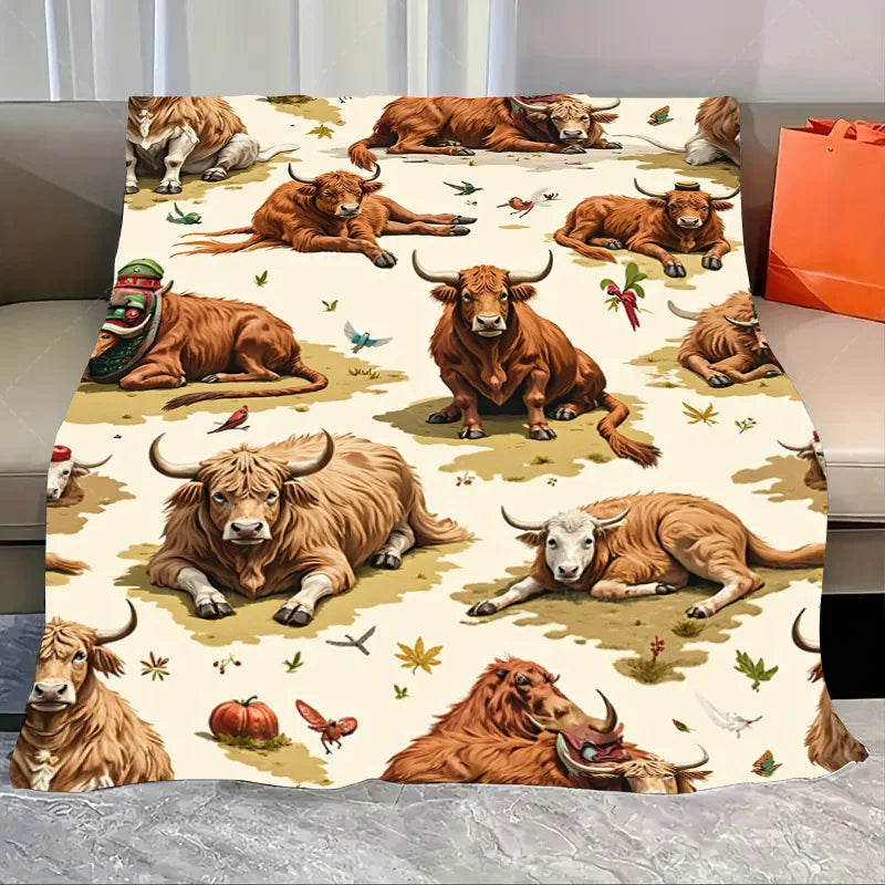 1pc Flannel Blanket Cozy Farmhouse Cow Blanket with Sunflowers and Scarf Design