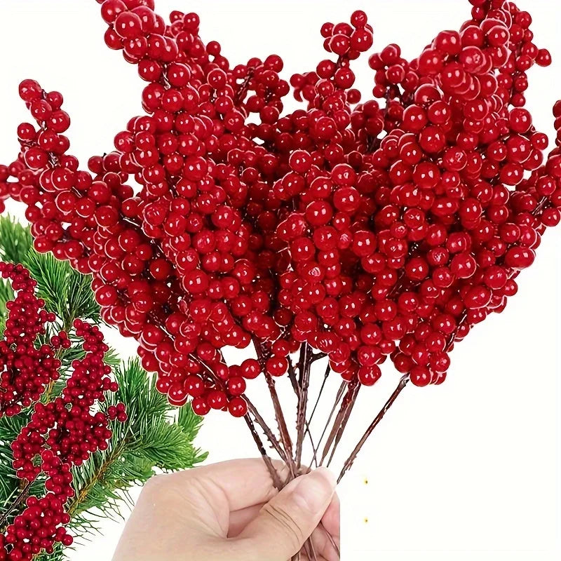 12PCS Set of Bright Red Artificial Christmas Tree Decoration Berries - DIY Holiday Decoration