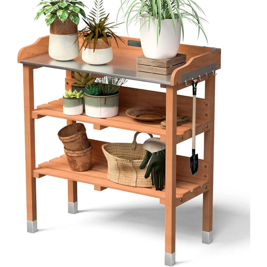 Garden Potting Bench, Outdoor Wood Workstation Table with Galvanized Steel Tabletop, 5 Hooks, 2-Tier Storage Shelves, Outside