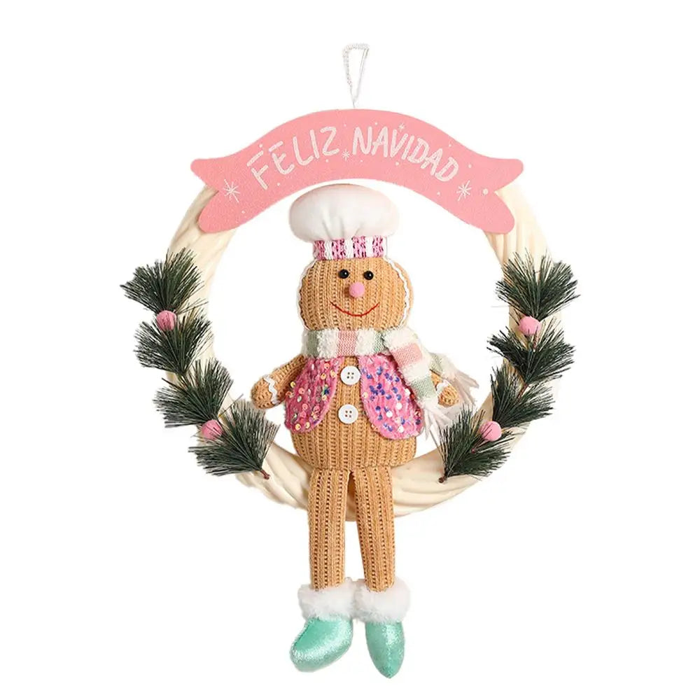 Christmas Gingerbread Man Doll Wreath Lighted Christmas Hangable Ornaments Gingerbread Welcome Garlands for Decorative Door