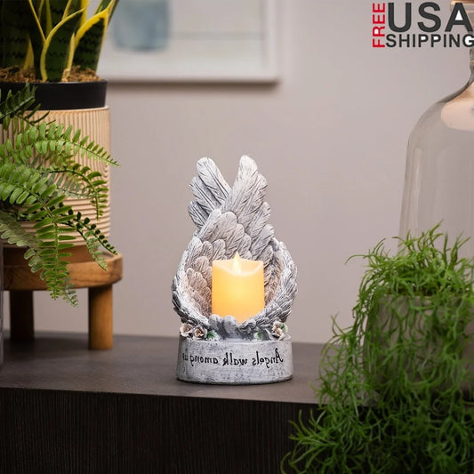 Flameless Candle Holder with Angel Wings and LED Votive Battery Operated Memorial Decor Indoor Floral Accent