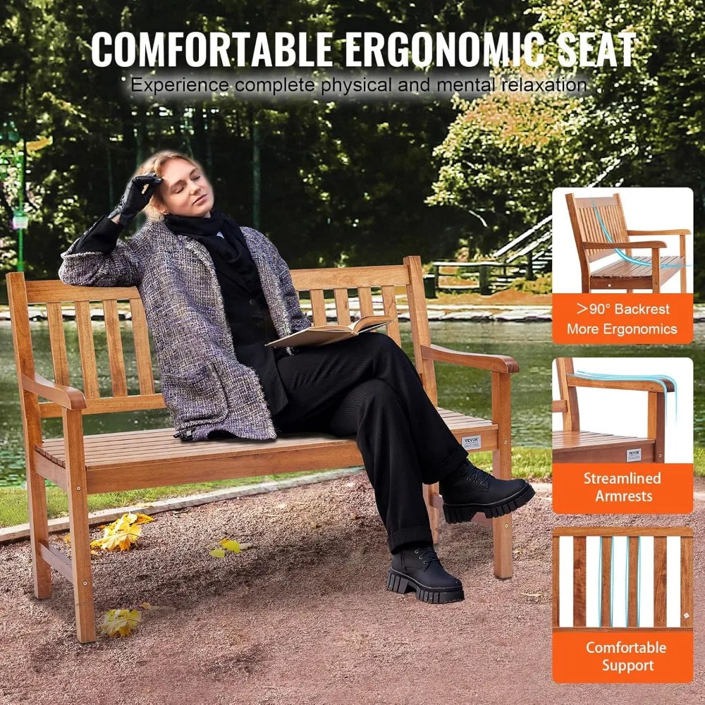Wood Outdoor Bench, 2-Person Garden Bench with Backrest and Armrests, 800 lbs Load Capacity,All-Weather Never Rot Patio Bench f