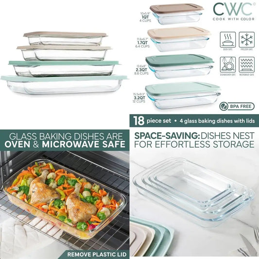 8-piece deep glass baking dish set with plastic lids – casserole and food storage containers for lasagna, leftovers – freezer-t