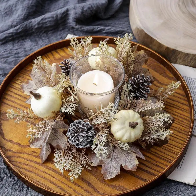 Fall Candle Ring 9.8Inch Maple Leaves Harvest Day Wreath Ring Holder Small Wreath Pillar Candle Holder Farmhouse Wreath Festival