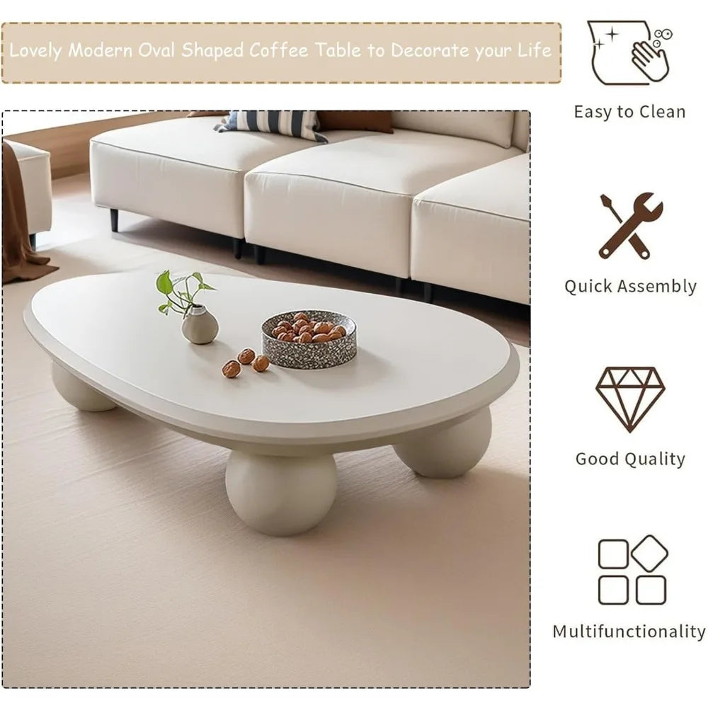 White Modern Coffee Table Cloud Shape Low Coffee Table Cartoon Irregular Indoor Accent Tea Table with 3 Round Ball Leg, for Livi