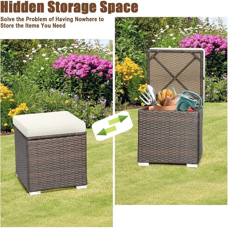 RELAX4LIFE Wicker Outdoor Storage Ottoman, 2-Piece Rattan Footstool w/Removable Cushion, Multipurpose Footrest Stool Side Table