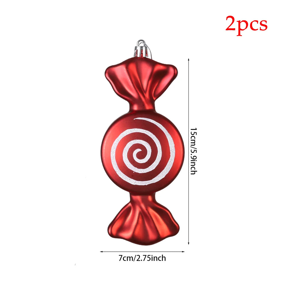 2pc 15cm Large Candy Pendant Christmas Decoration Red And White Lollipop PVC Painted Gold Xmas Tree Decora New Year Kids Gifts