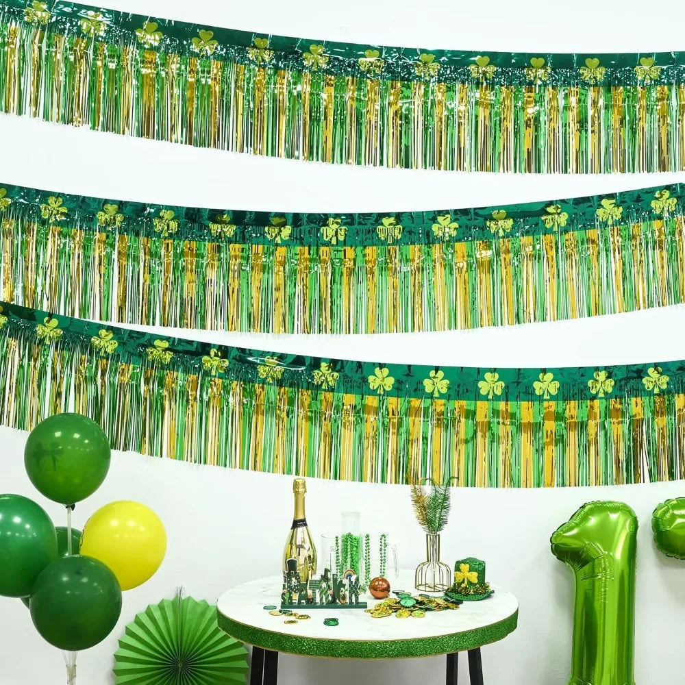 Mega-L St Patricks Day Decorations 4 Pack 78Ft Foil Fringe Garland Tinsel Banner, Green Gold Shamrock Pattern Metallic Hanging B