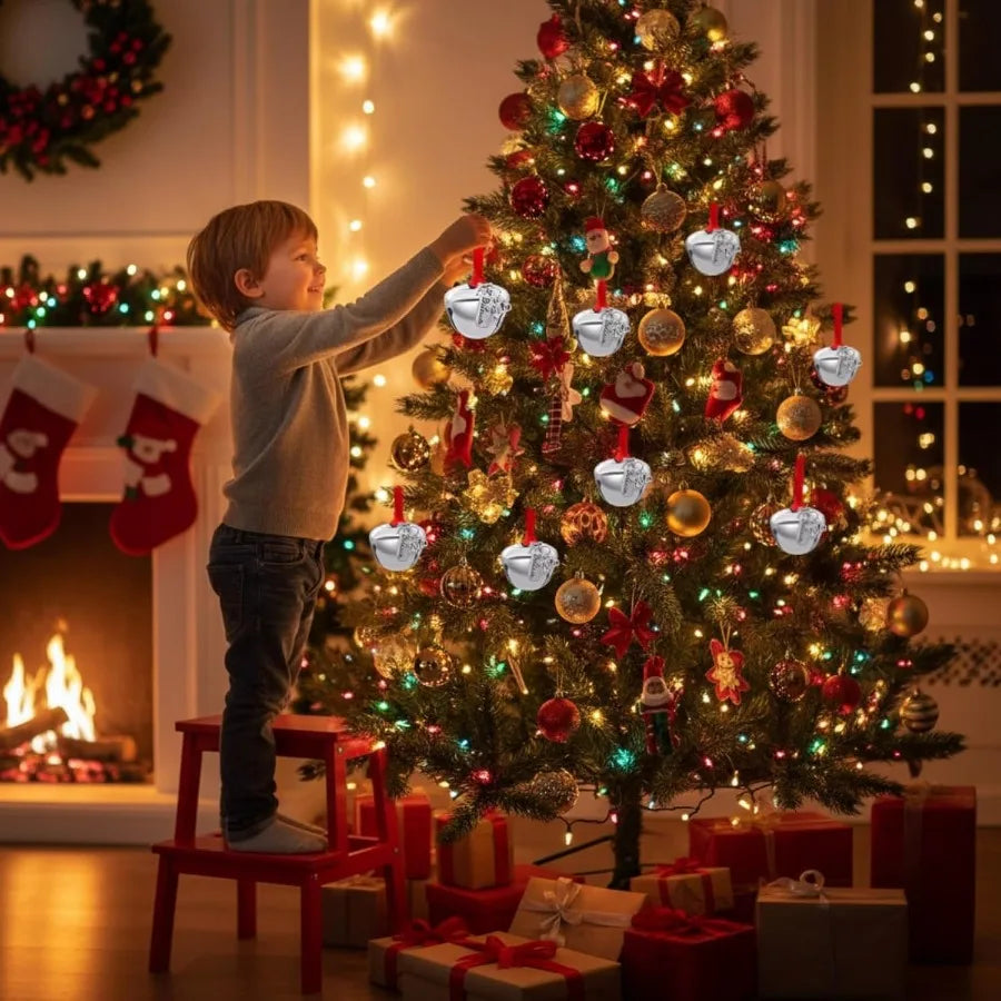 2025 Believe Christmas Bells 12 Pieces Santa Claus Sleigh Bells for Christmas Eve Decorations Silver 1.4inch/35mm Festive Tree