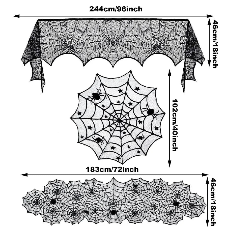 32 PCS Horrible dration set Lace Tablecloth Spider Web Pentagram Round Table Mat Black Spider Web Fireplace Cloth Suitable For