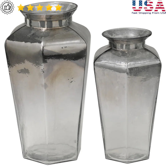 Geometric Hexagon Gray Glass Vases Set of 2 Elegant Home Decor Flower Arrangement Contemporary Accent Pieces