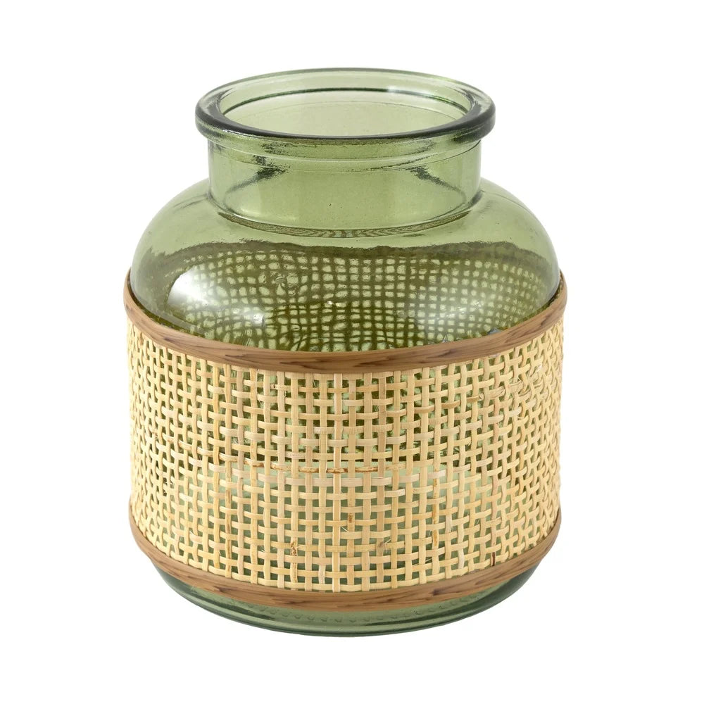 Translucent Green Glass Vase Rattan Caning Wrap Indoor Tabletop Decorative Flower Holder Stain Resistant Home Decor Accent Piece