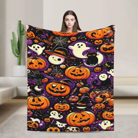 Halloween Ultra-Soft Micro Fleece Blanket - Vintage Festive Pumpkin And Ghost Design,  Multi-season Comfort For Sofa, Bed, Car