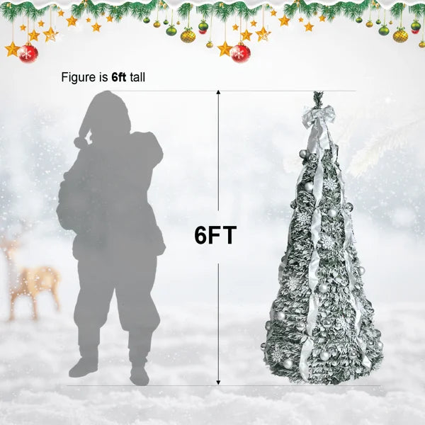 Artificial 6ft Flock Pop Up Christmas Tree with 150 lights,36 balls,6 ribbon, 1 large bow,18 snowflake Indoor Holiday Decorating