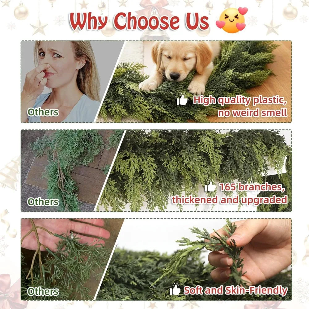 Thick and Soft Real-Touch Faux Cedar Pine Garland for Christmas, Ideal for Mantle, Fireplace, Porch, Outdoor Decorations