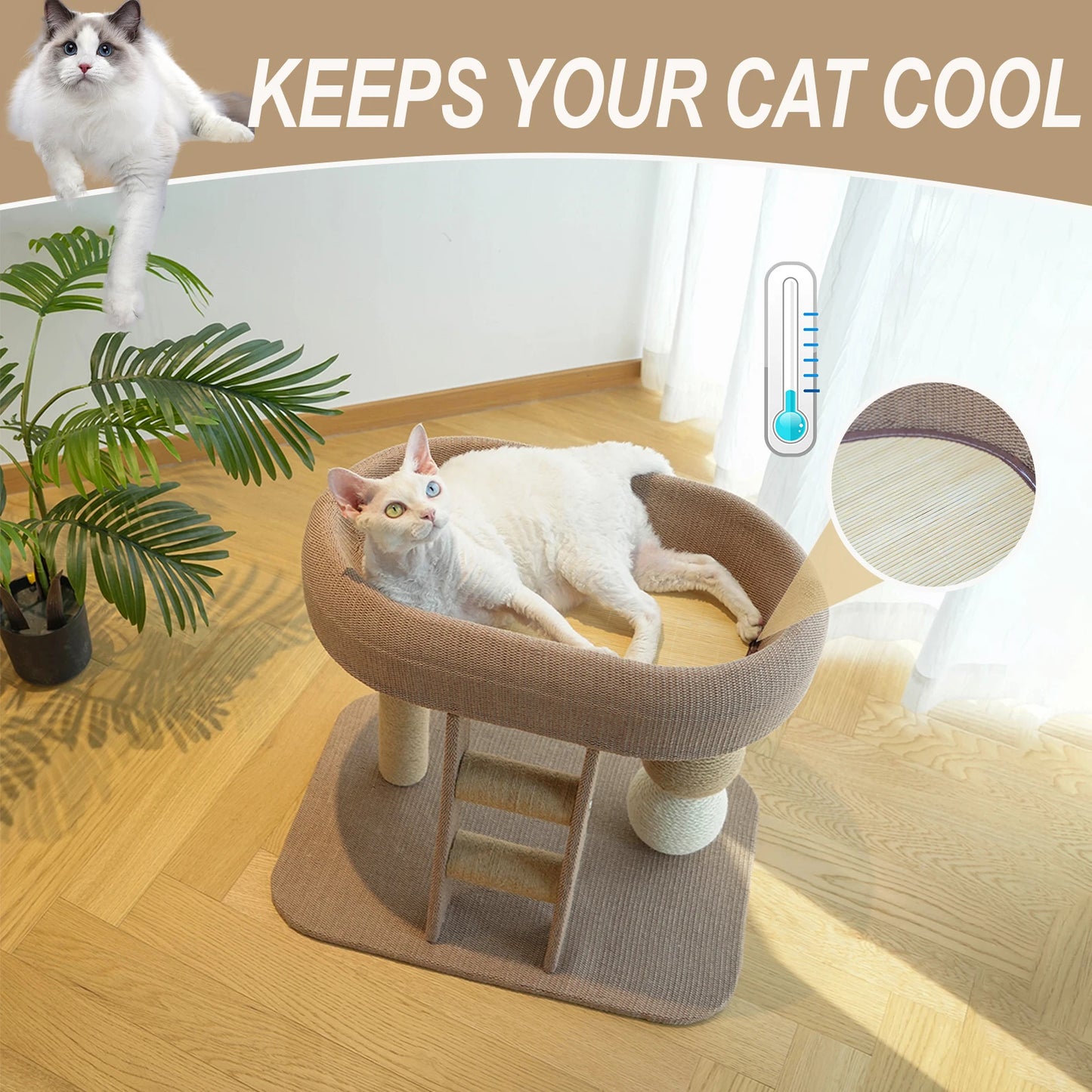 Large Indoor Cat Climbing Frame, Tower Bed with Ice Mat, Hanging Sisal Ball, Suitable for Kittens and Adult Cats