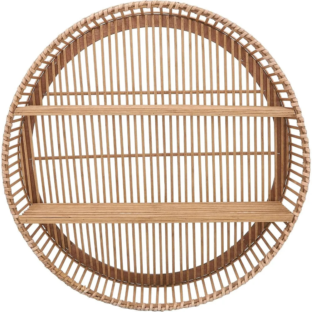 Bamboo Wall Shelf - Boho Decorative Round Floating Shelves - Rustic Hanging Storage Organizer for Home, Office, Bedroom, Living