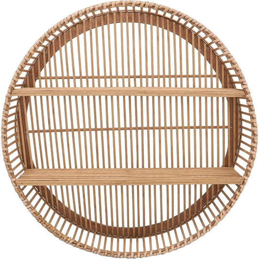 Bamboo Wall Shelf - Boho Decorative Round Floating Shelves - Rustic Hanging Storage Organizer for Home, Office, Bedroom, Living