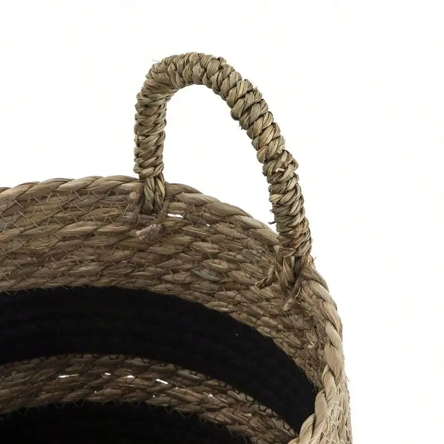 11 Black and Natural Striped Basket with Handles for Kitchen Storage Living Room Decor Rustic Style Handmade Woven Baskets