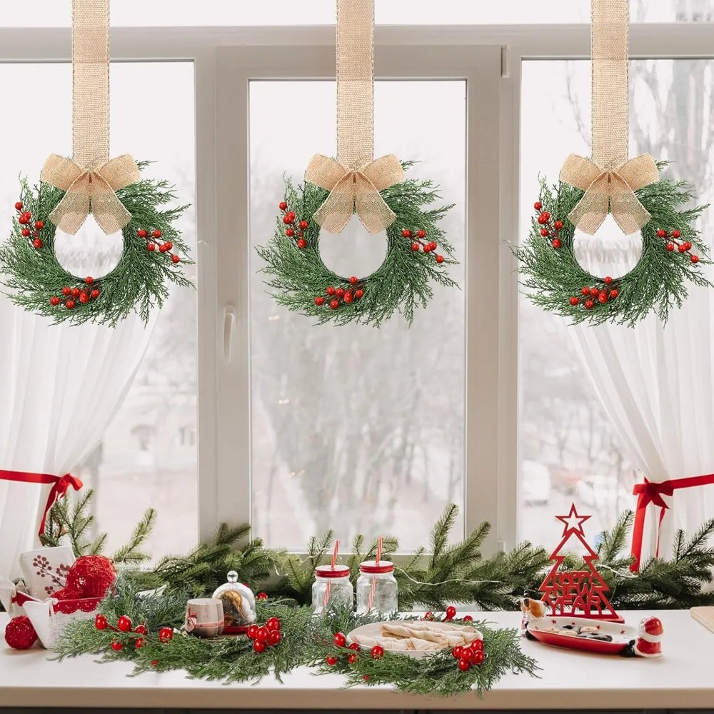 Artificial Greenery Mini Christmas Wreaths - 12 Pack, 9 Inch Small Kitchen Cabinet Decorations with Plaid Bow Ribbons, Hanging H