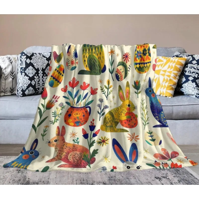 Bunny Easter Egg Wildflower Flannel Blanket, Colorful Floral Soft Warm Flannel Blanket for Sofa Bed
