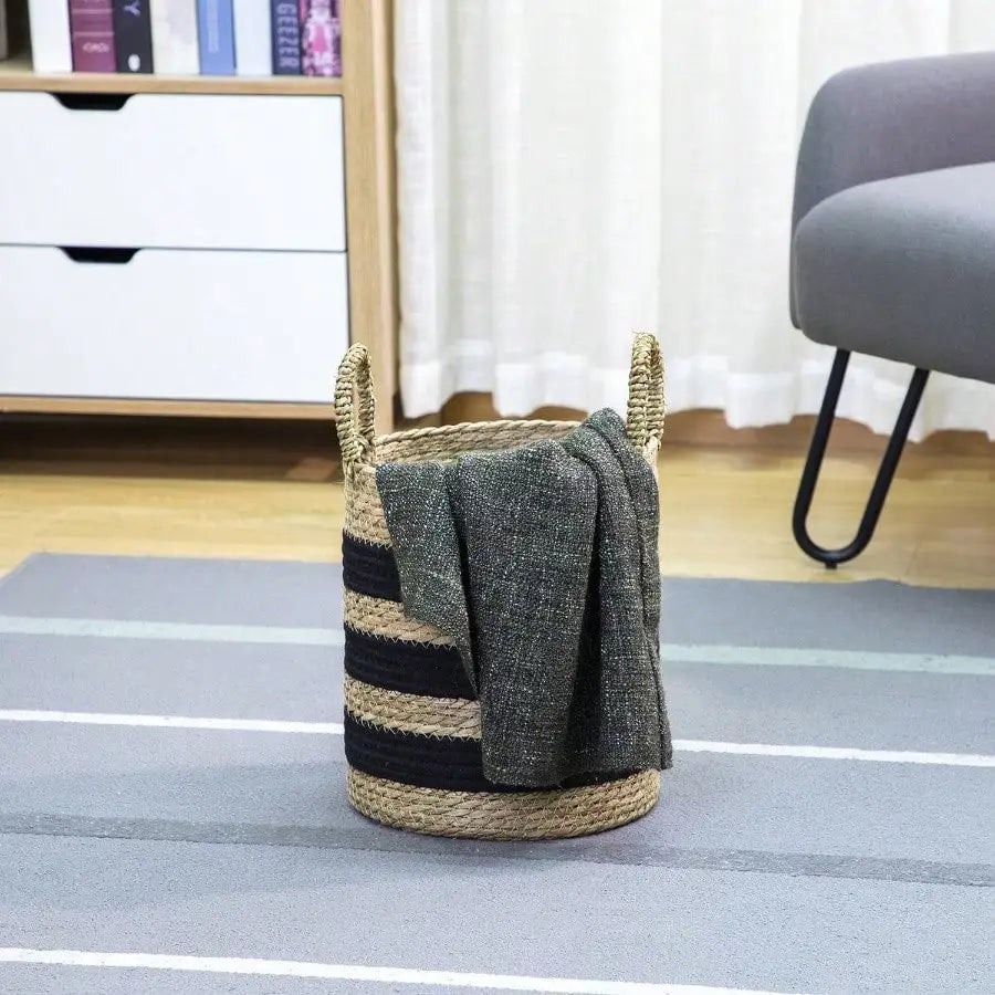 11 Black and Natural Striped Basket with Handles for Kitchen Storage Living Room Decor Rustic Style Handmade Woven Baskets