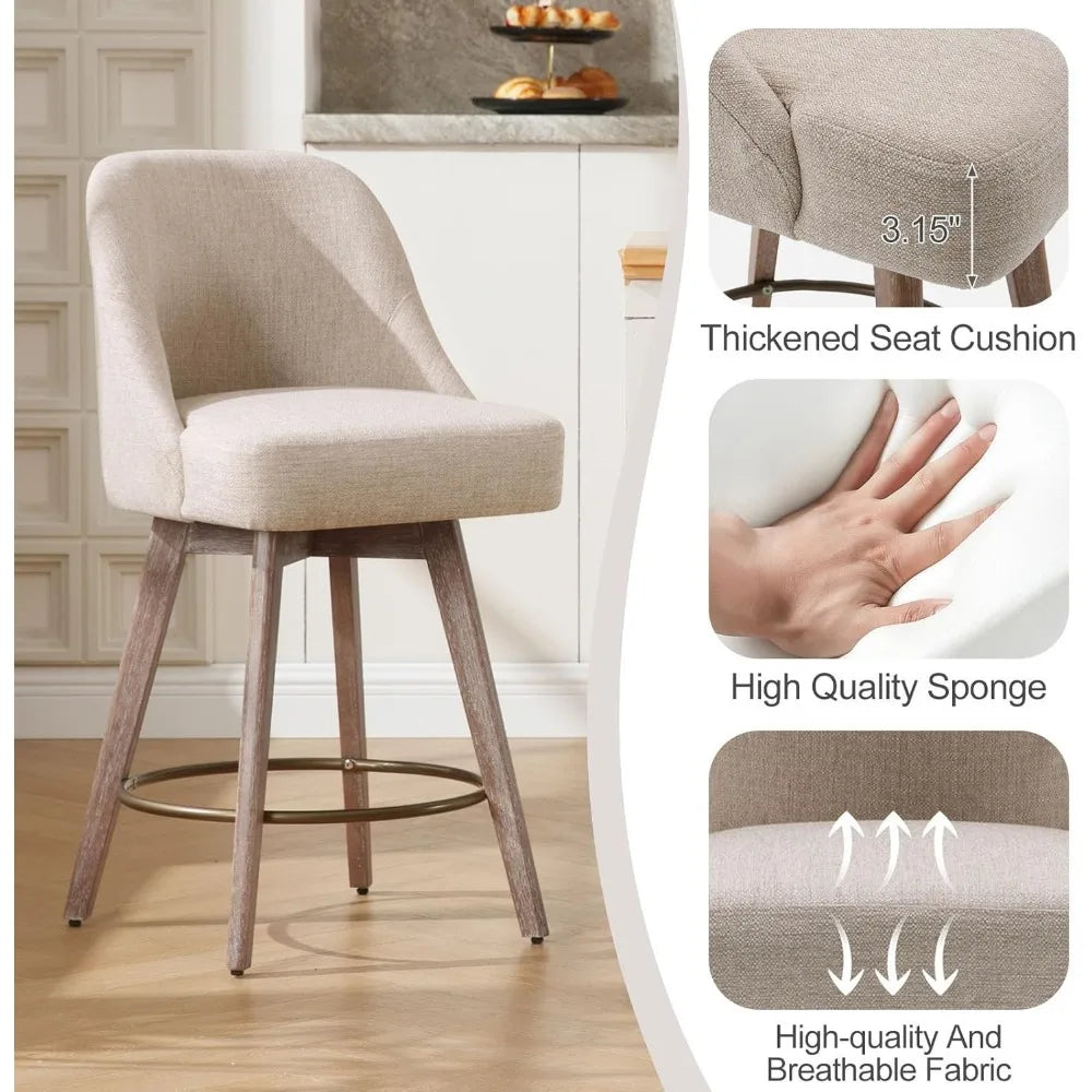 Counter Height Bar Stools Set of 2, Modern Mid-Century Swivel Barstools with Backs and Wood Legs, Linen Fabric Upholstered
