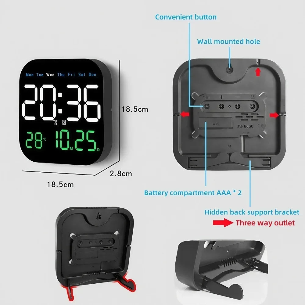 Multifunctional LED Digital Wall Clock Adjustable Dimming Date Day Of Week Temp Display Electronic Alarm Home Room Decoration