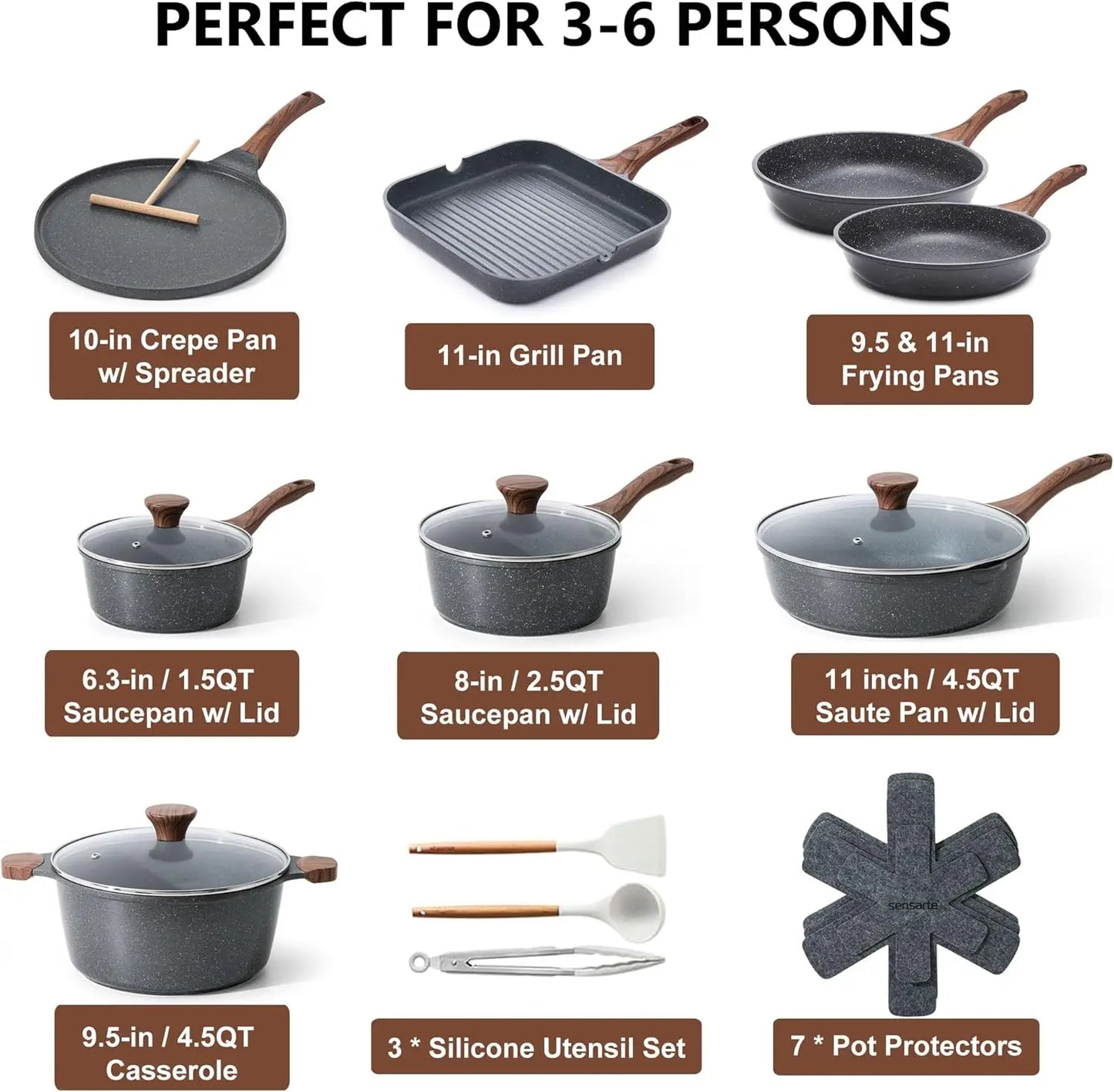 Nonstick Cookware Set 23-Piece, Non Stick Pots and Pans Set with Swiss Granite Coating, Healthy Kitchen Cooking Set, Stay-Cool H
