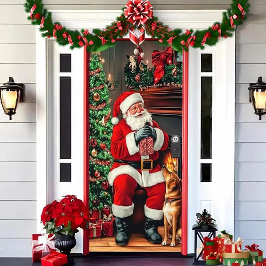 Christmas Door Cover Door Christmas Cover Santa Claus Puppy Door Cover Banner Window Door Cover Versatile Christmas Door Wrap