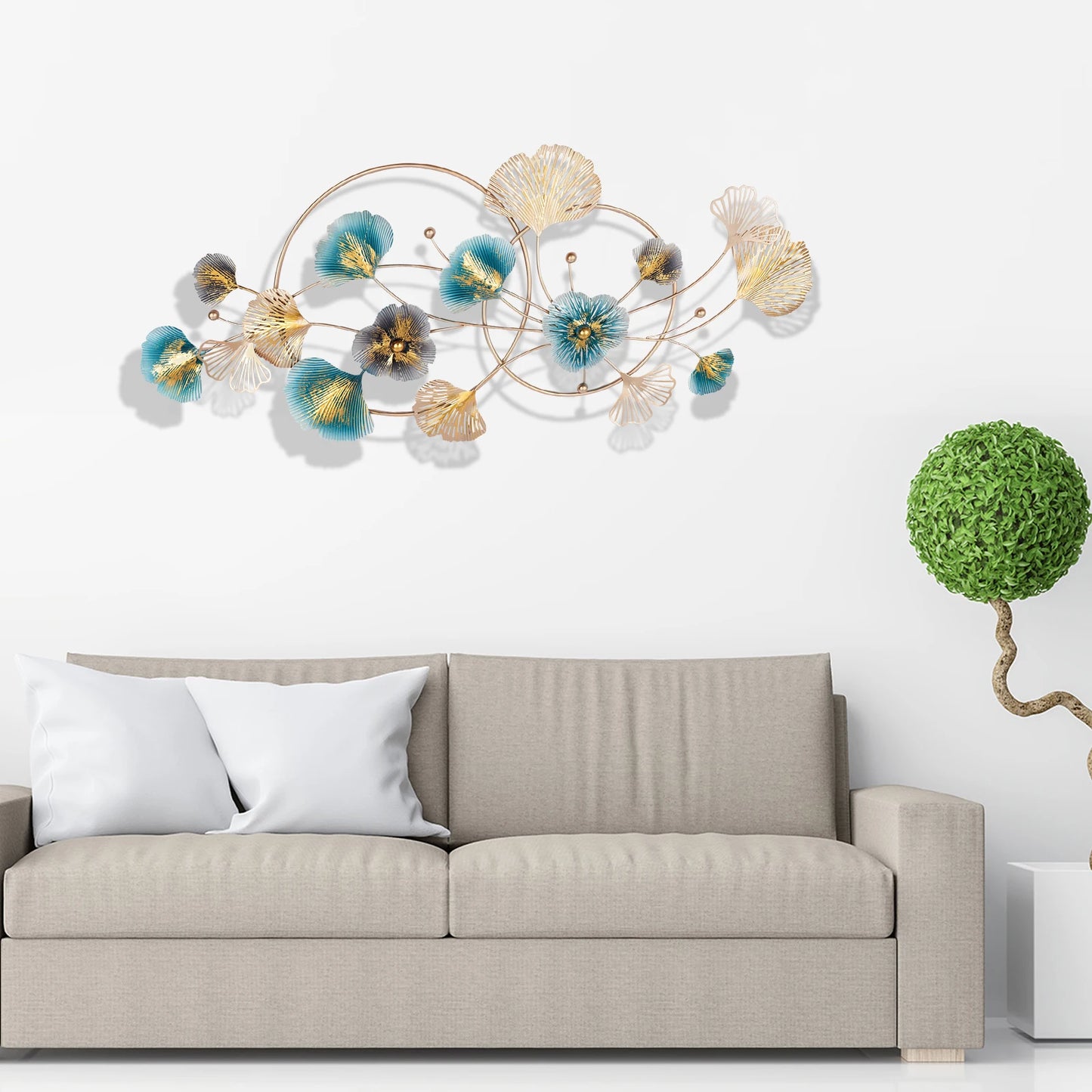 3D Golden Ginkgo Leaf Wall Hanging Decor with Frame, 48.03*20.47*1.97'' Metal Art Wall Sculpture for Living Room, Bedroom