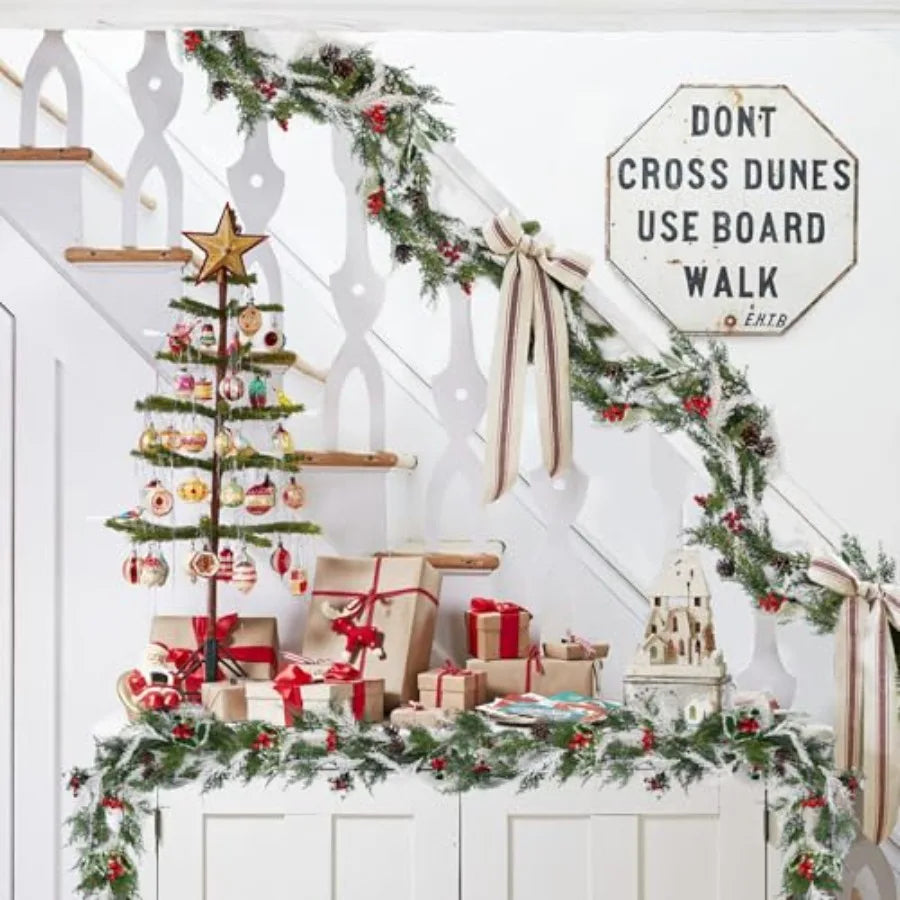 Artificial Christmas Garlands 2 PCS5.9FT Faux Hanging Winter Vines Red Berries Holly Leaves with Pine Cones Pine Needle Cedar G