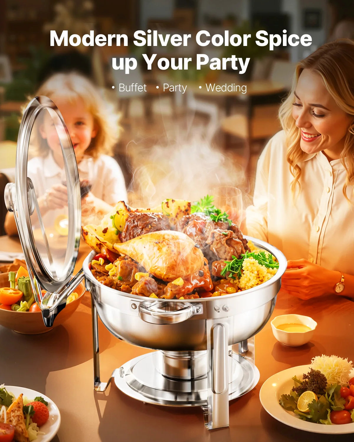 VEVOR 2 Pack Chafing Dish Buffet Stainless Steel Chafer with 4 Full Size Pan Round Catering Warmer w/Glass Lid for Party Banquet