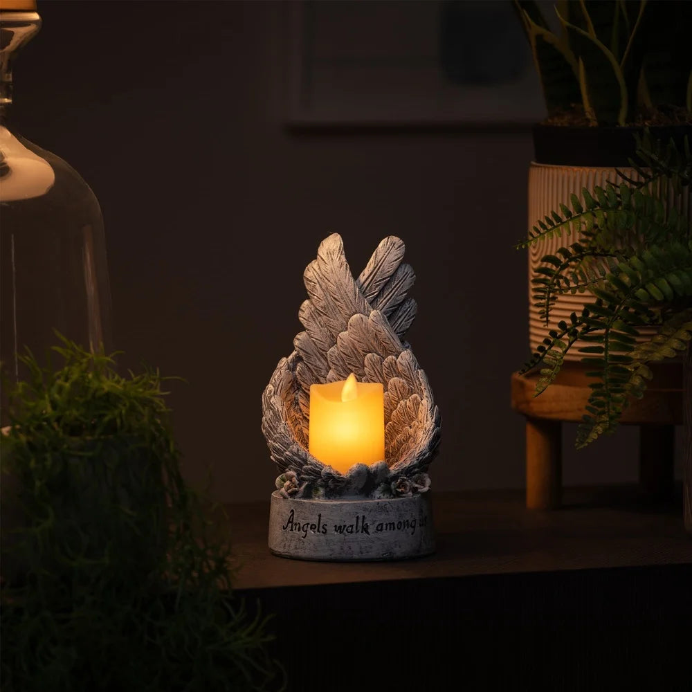 Flameless Candle Holder with Angel Wings and LED Votive Battery Operated Memorial Decor Indoor Floral Accent