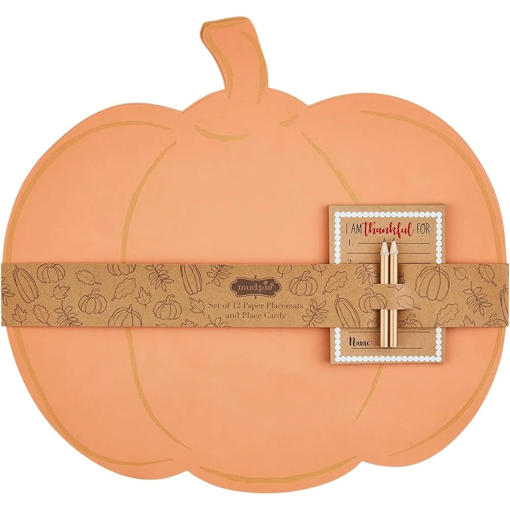 Thanksgiving Placemat Card Set 12 Pumpkin Paper Placemats 12 Fillable Kraft Cards 4 Mini Pencils Holiday Table Decor