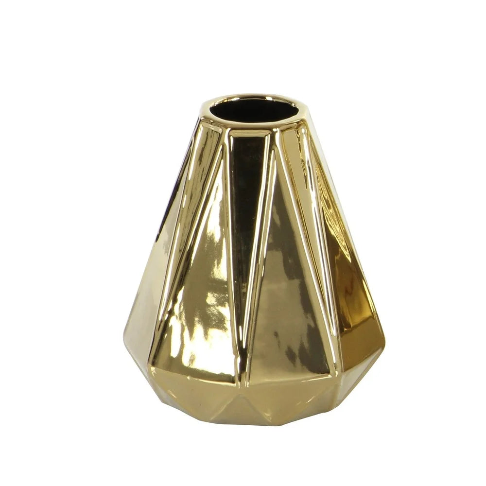 Gold Geometric Ceramic Vase Set of 3 Modern Decorative Home Accent Indoor Use Stoneware Tapered Round Design High Shine Finish