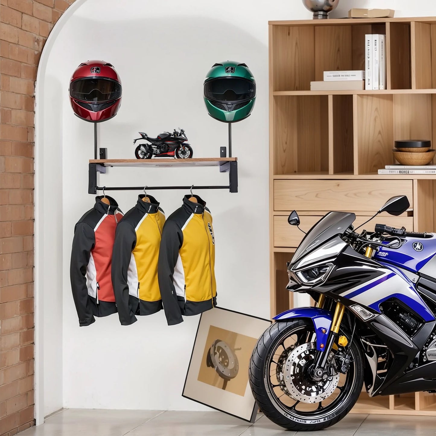 Wooden Helmet Organizer Rack with 5 Hooks Helmet Hanger Wear Resist Metal Helmet Stand for Motorcycle Accesories Storage
