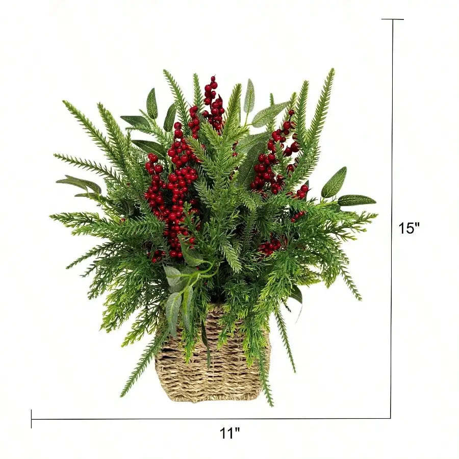 Winter Floral Basket with Berries Christmas Tabletop Decoration, Green and Red, 15"