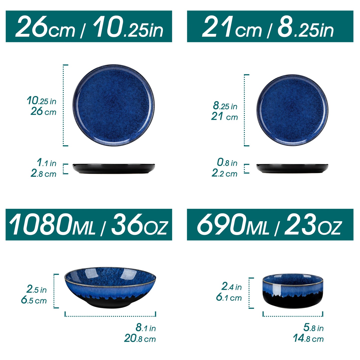 vancasso 24 Piece Blue Klin Change Glaze Stoneware Set Dinnerware Set with 6pcs Dinner Plate/Dessert Plate/Soup Plate/Bowl