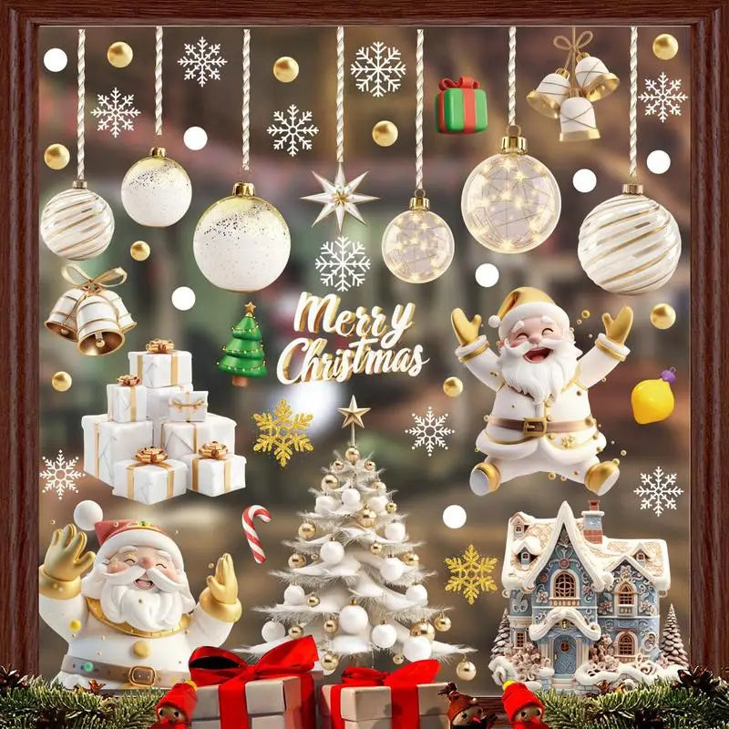 Christmas Window Clings Santa Claus Snowman Snowflake Stickers Reusable Double-Sided Static Waterproof Clings Christmas Decorati