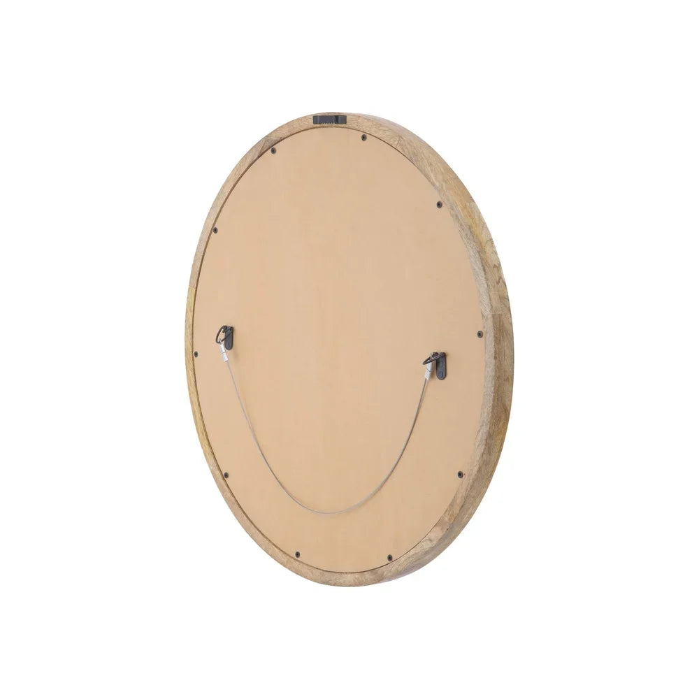 Modern Round Mirror Mango Wood Frame No Assembly Handcrafted Wall Decor Home Accent Reflective Surface Durable Design