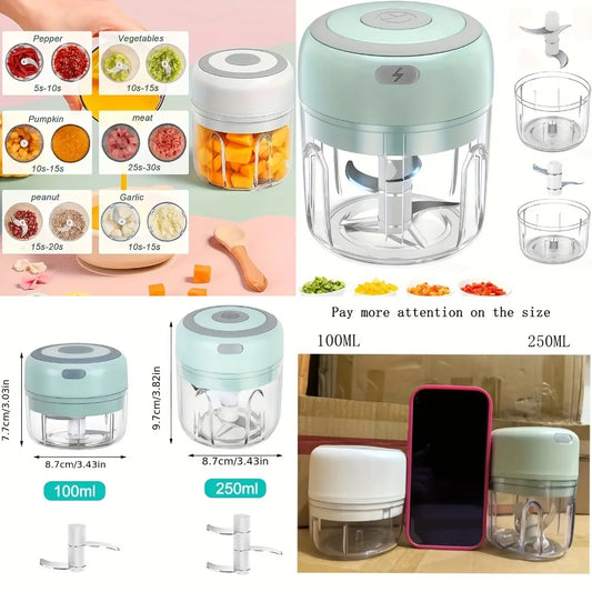 Portable Electric Food Chopper, USB Rechargeable Mini Garlic Chopper and Meat Grinder, 100ml & 250ml Capacity, for Quick Food Pr