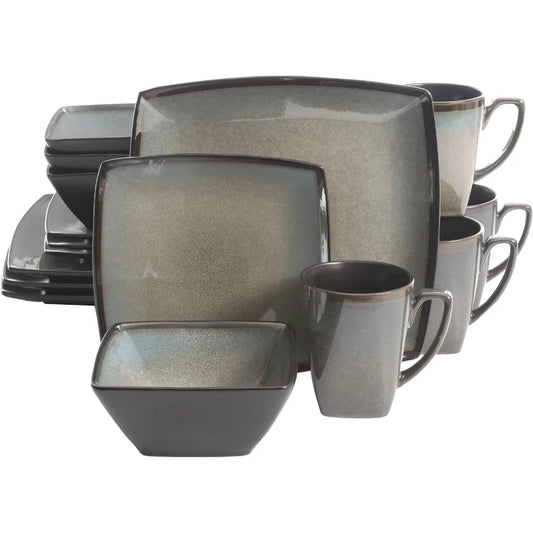 Gibson Elite Tequesta Square Reactive Glaze Stoneware Plates and Bowls Dishes Dinnerware Set, Service for 4 (16pcs), Taupe