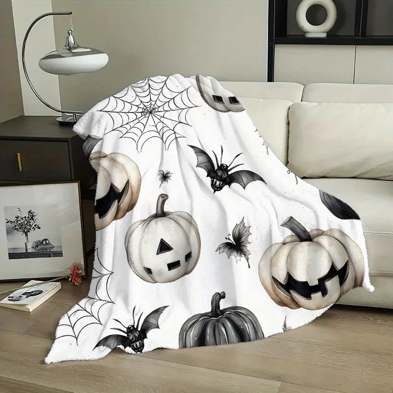Halloween Flannel Fleece Throw Blanket - 100% Polyester Knitted Soft Sofa Throw with Pumpkin, Bat, and Spider Web Design